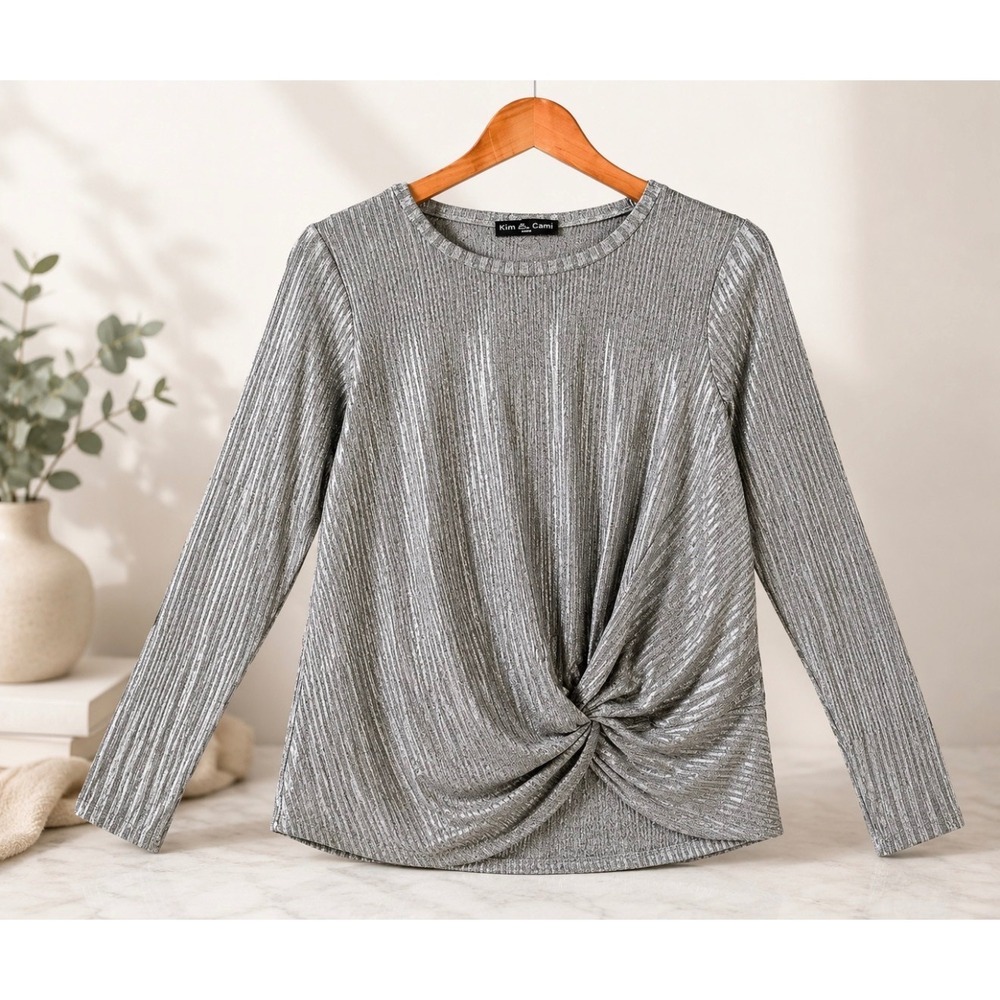 Kim & Cami Silver‎ Metallic Twist Front Ribbed Shimmer Top Size S